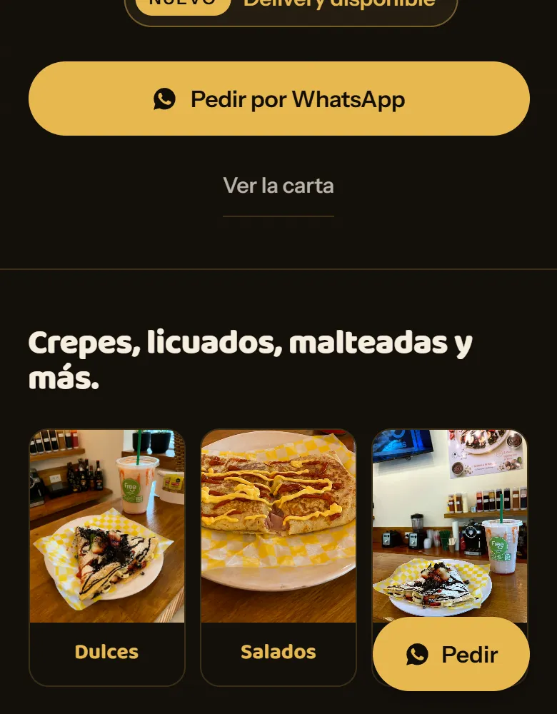 Captura de la web de Free Crepes en el celular: carta y botón para pedir por WhatsApp