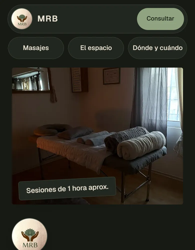 Captura de la web de MRB Masajes en el celular: servicios y cómo reservar